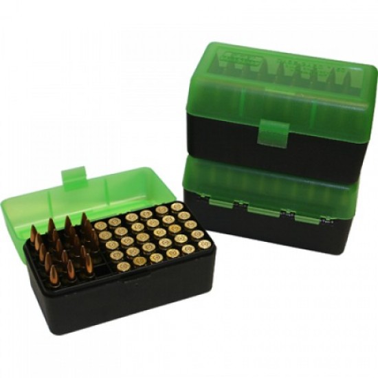 MTM Flip Top 50 Round Rifle Ammo Box 7mm Rem Mag, 300 Win Mag, 338cal - Green-Black