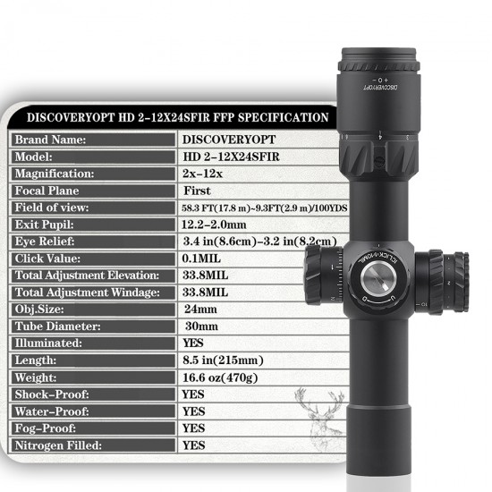 Discovery Optics HD 2-12x24 SF IR FFP 0.1MIL 30mm Scope