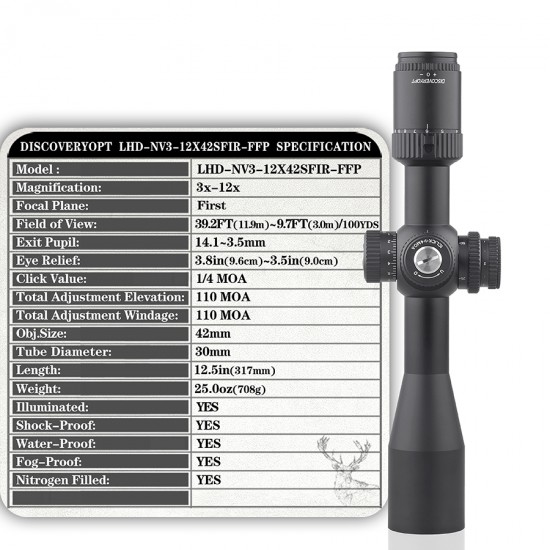 Discovery Optics LHD NV 3-12x42 FFP IR 1/4 MOA SFP Scope