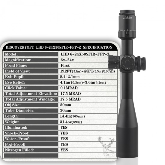 Discovery Optics LHD 6-24X50SFIR FFP-Z Scope with Tactical Turrets, 0.1MRAD