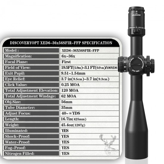 Discovery Optics XED 6-36X56SFIR FFP-MOA-ZERO STOP Scope Discovery Optics XED 6-36X56SFIR FFP-MOA-ZERO STOP Scope