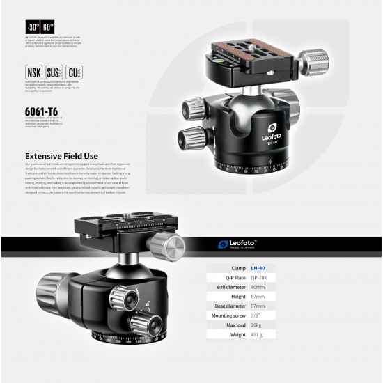 Leofoto LS-324C+LH-40 Ranger Series Tripod 32mm 4 Section